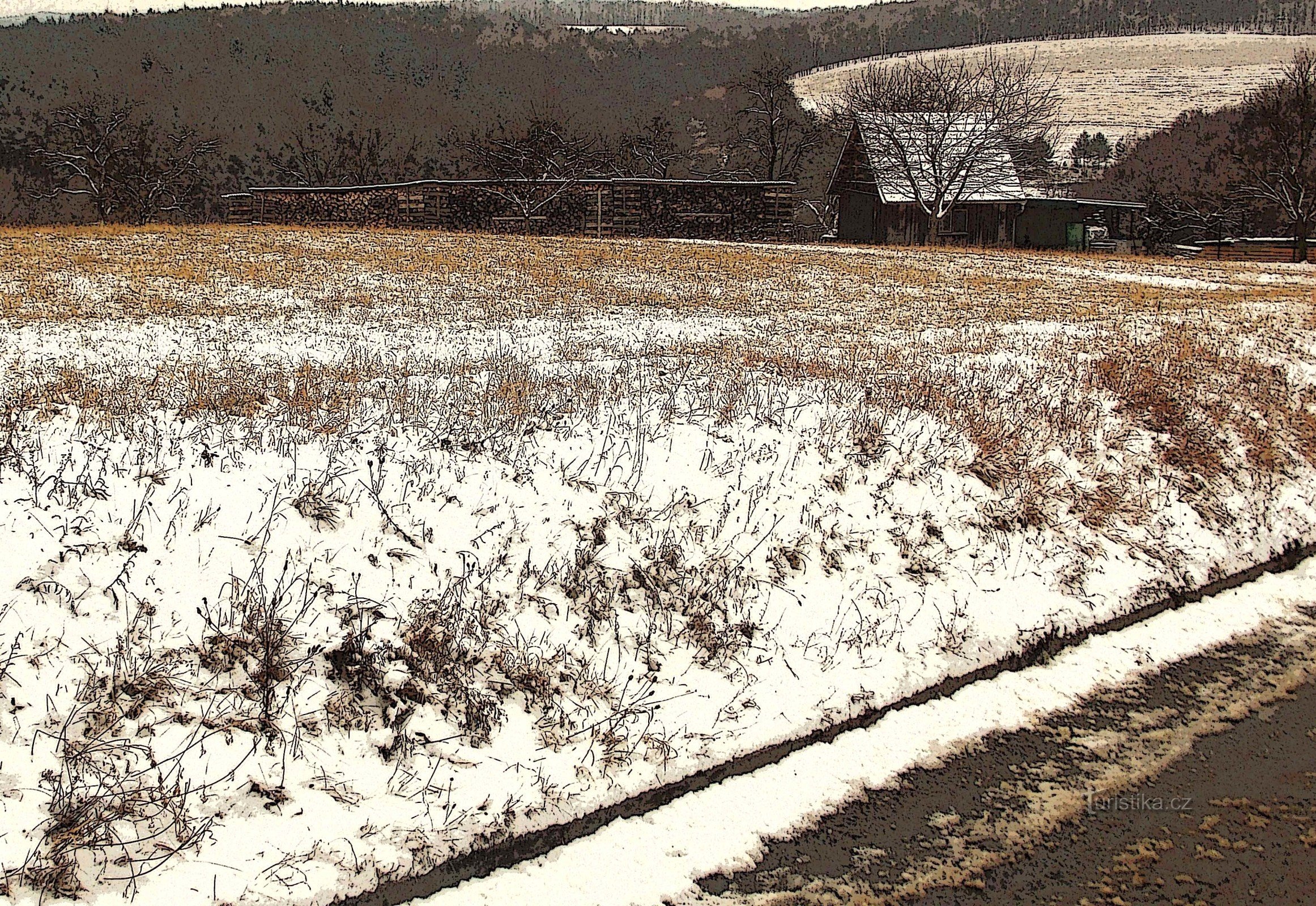 A walk with the first snow to the lookout point above Jaroslavice near Zlín