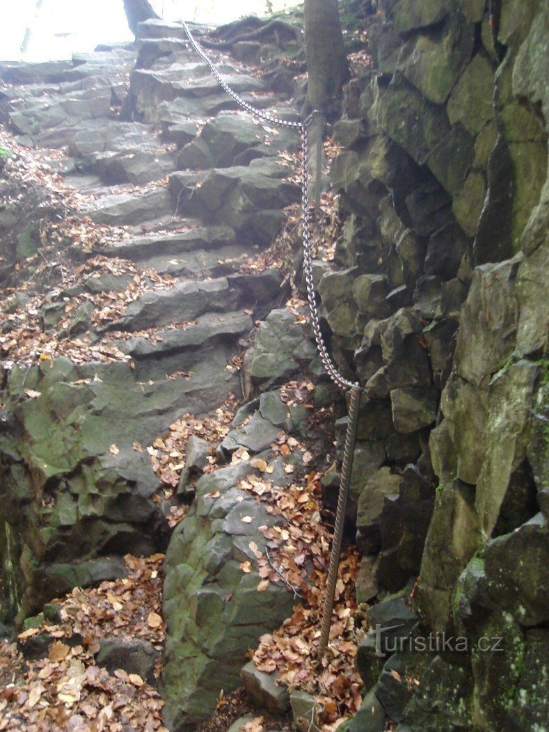 Het eerste beveiligde deel van de klim naar Myší skála