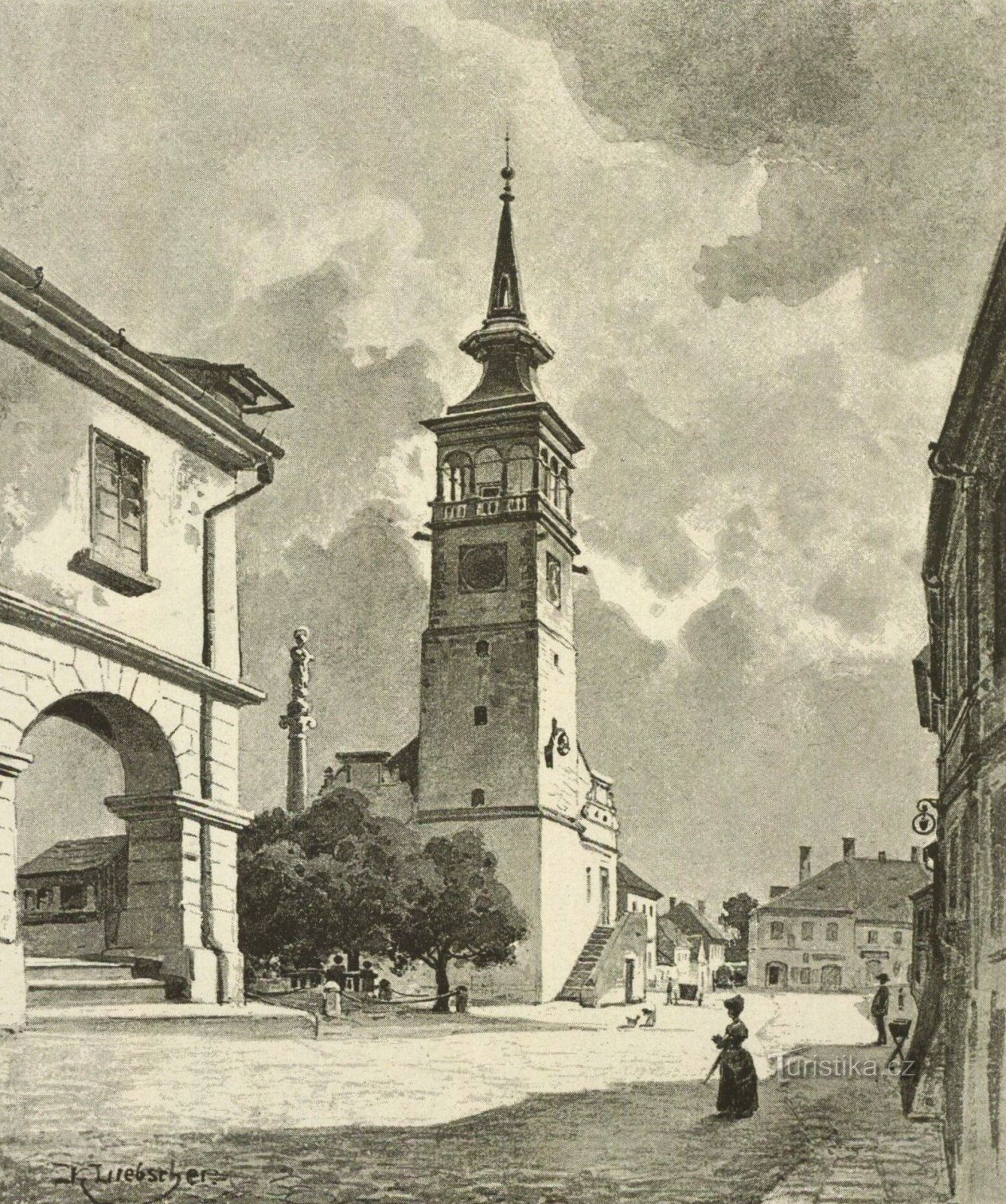 La torre del ayuntamiento con la columna mariana en Dobruška en la segunda mitad del siglo XIX.