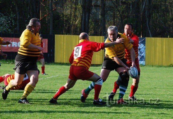 Older men also play rugby in the veteran category
