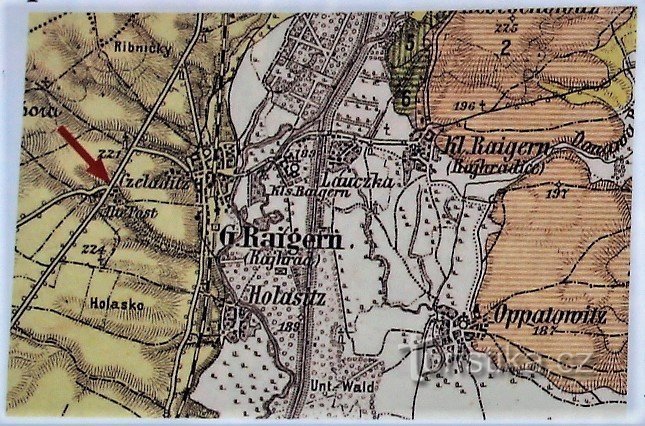 Østrig-ungarsk kort over Rajhrads omgivelser fra 1883 (taget fra informationstavlen)