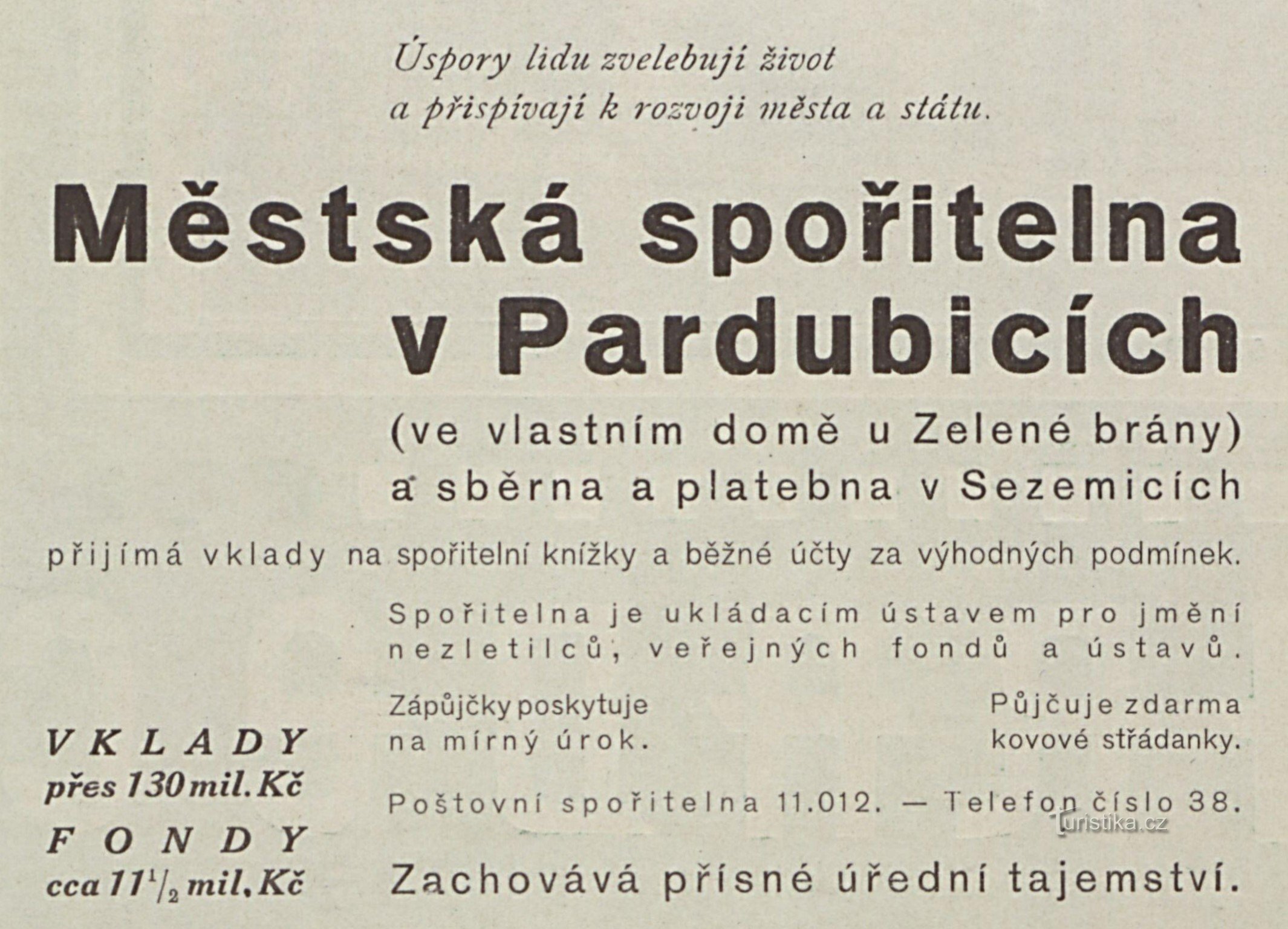 Реклама Городской сберегательной кассы в Пардубицах 20-х гг.