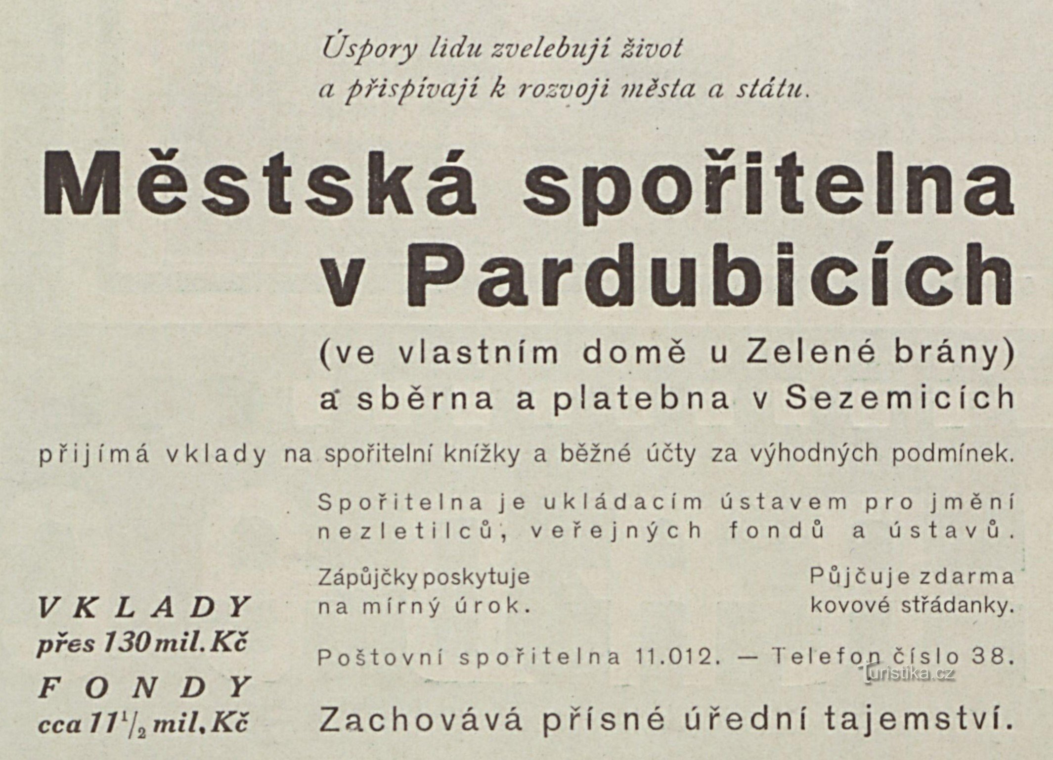 A Pardubicei Városi Takarékpénztár hirdetése az 20-as évekből