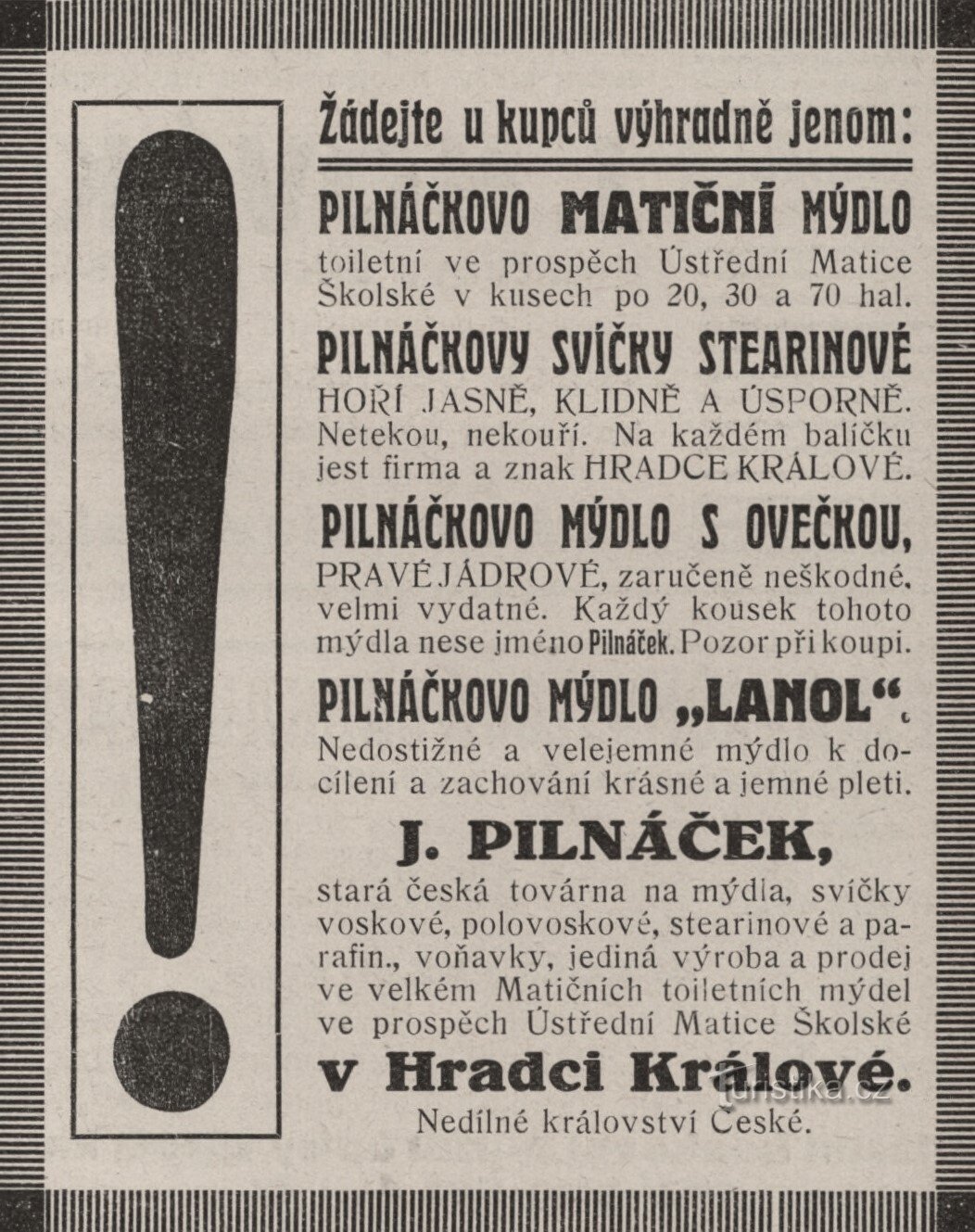 Mainos Pilnáčekin tehtaasta vuodelta 1912