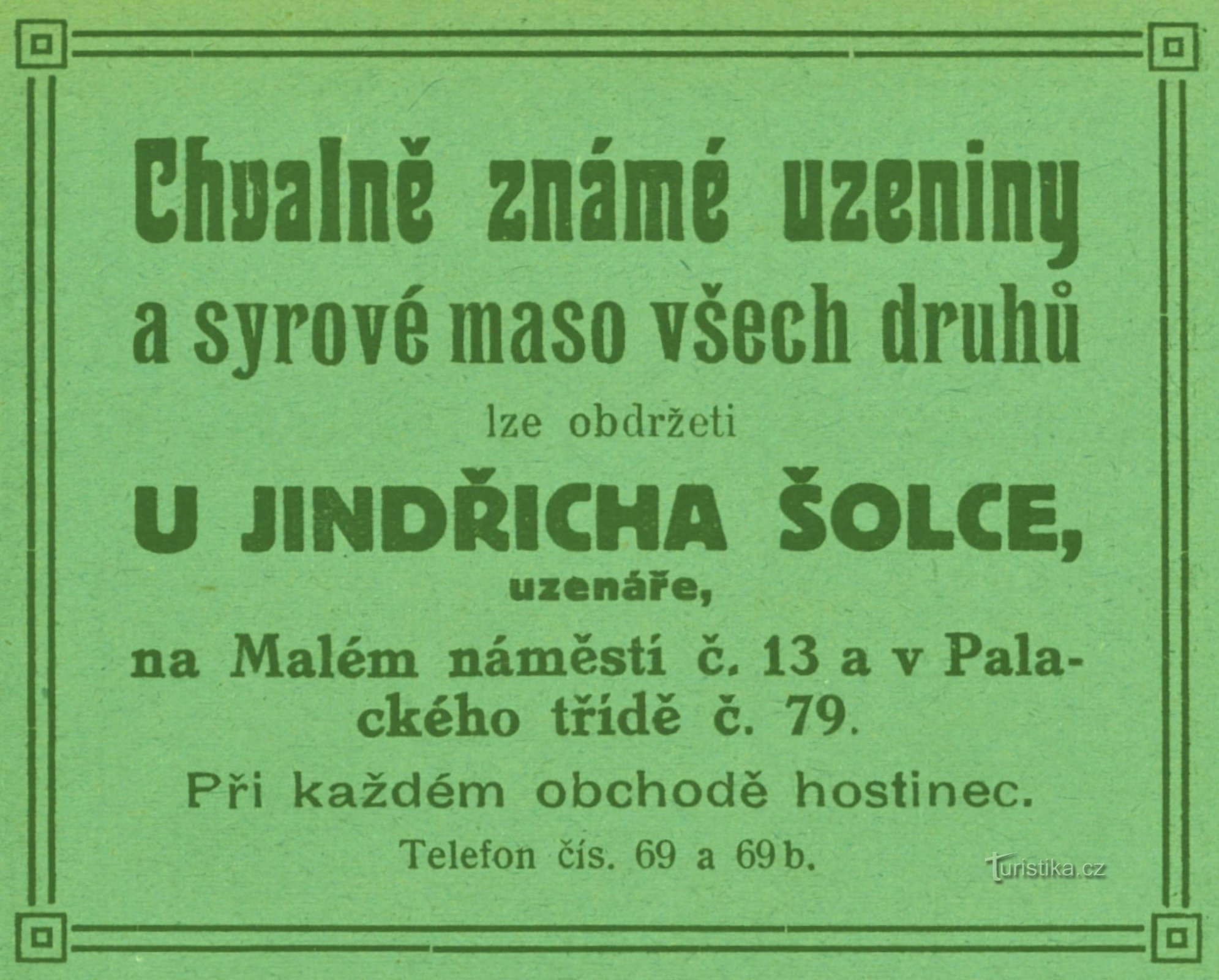 Jindřich Šolecin lihakaupan mainos vuodelta 1911