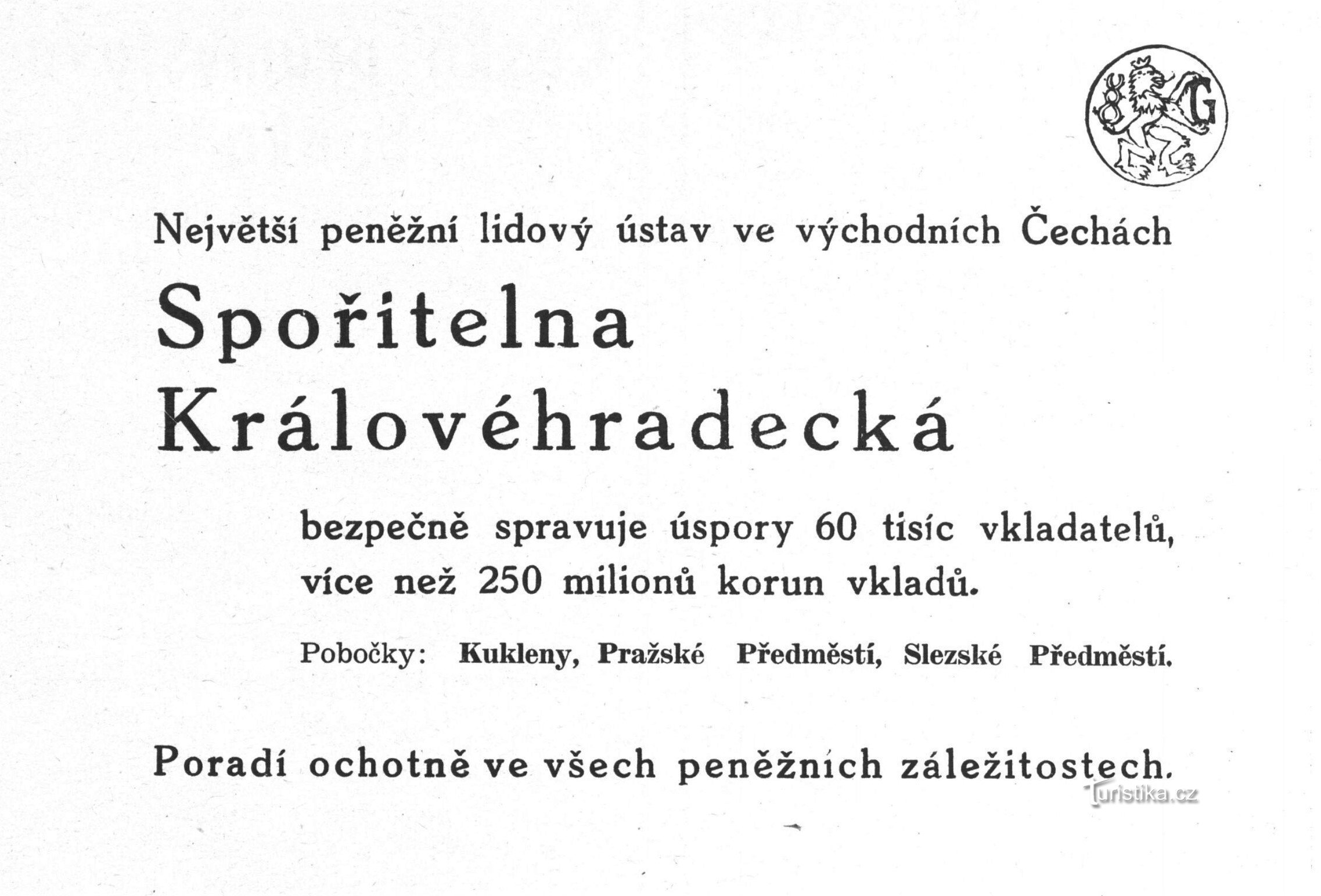 Spořitelna Královéhradecké -mainos vuodelta 1941