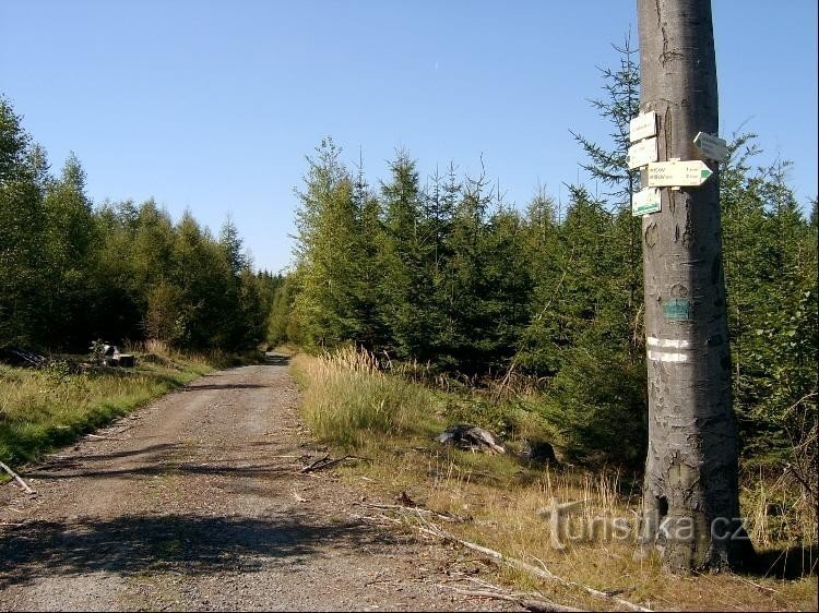 Kreuzung Pod Maráskem: Blick auf den grünen Wegweiser aus Míšov, Blick in die Richtung