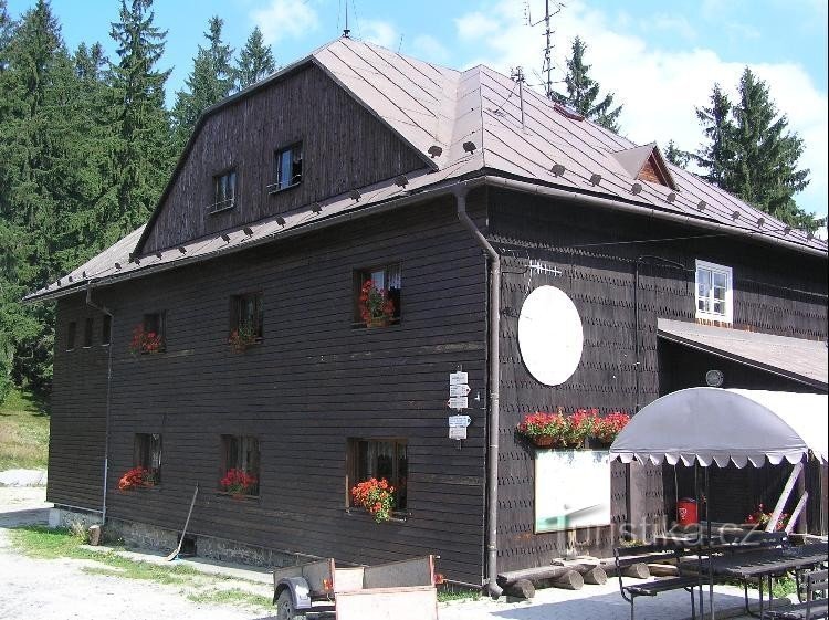 Signpost: General view of the cottage with a signpost