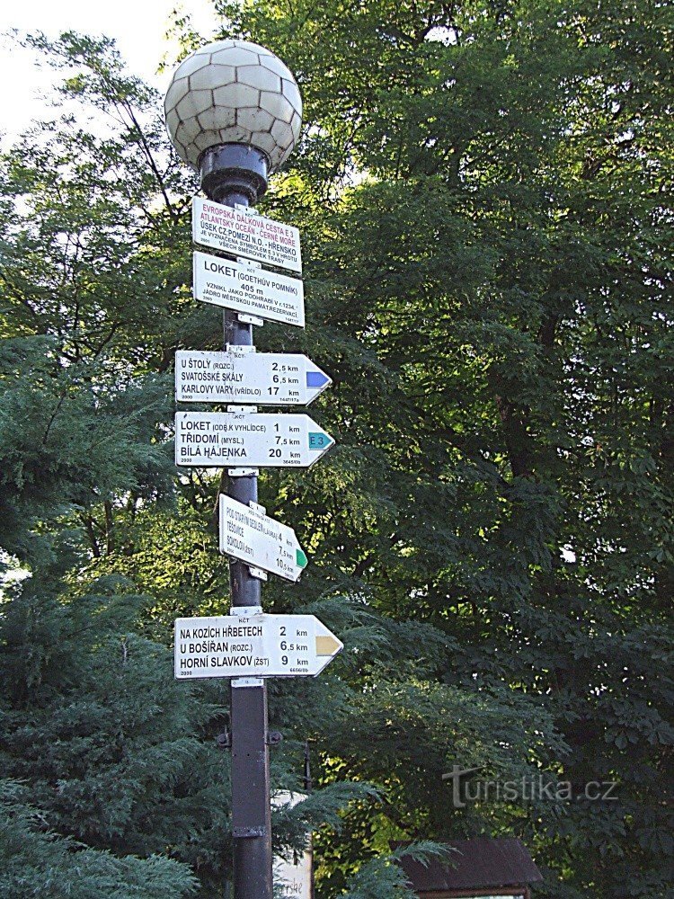 Signpost Loket - Goethe's monument