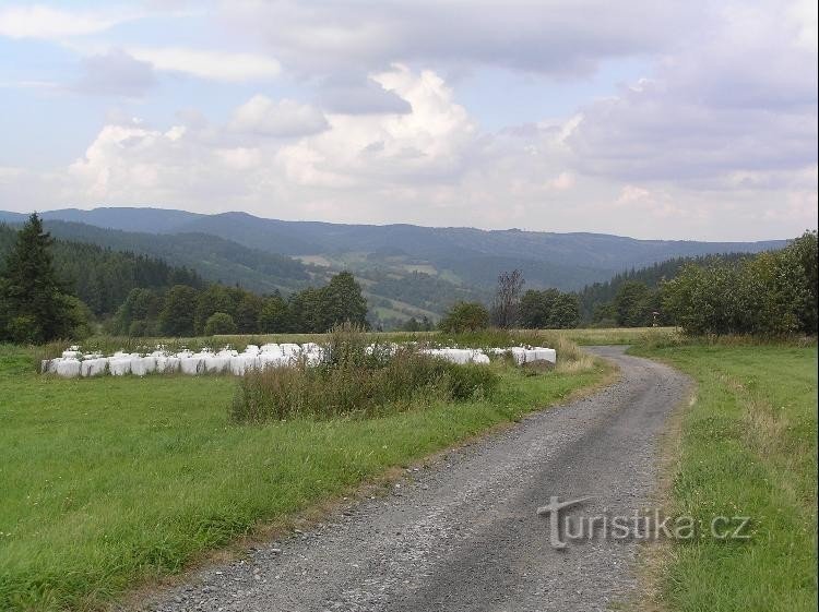 Placa de sinalização: Vista dos arredores da placa de sinalização na direção de Staré Purkratice