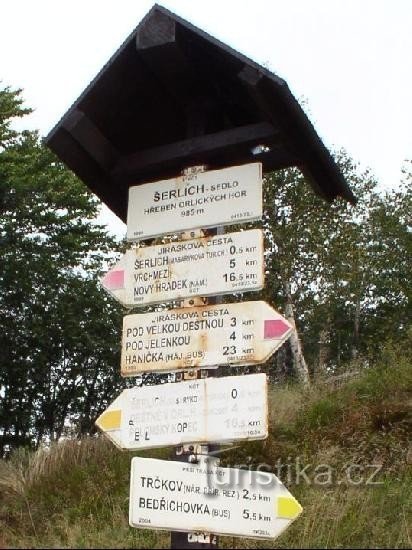 Placa de sinalização na sela Šerlich: Encruzilhada com estacionamento no ponto onde a estrada de Deštná