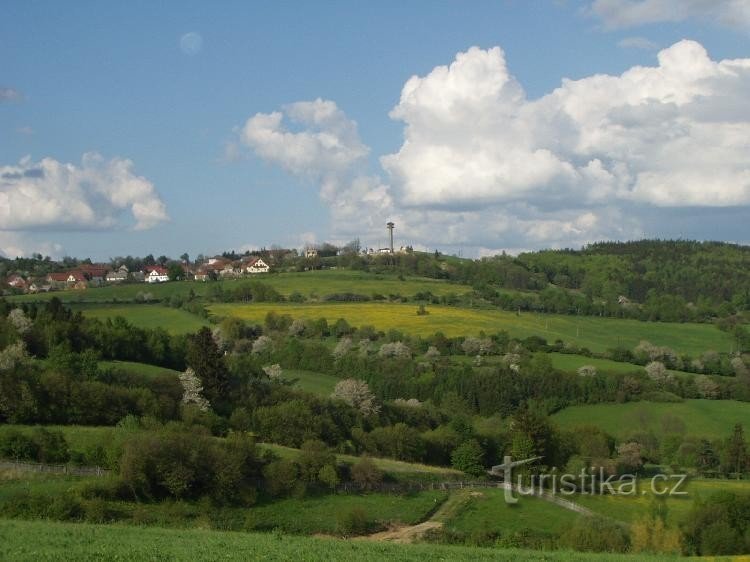 lookout tower with the village of Karasín