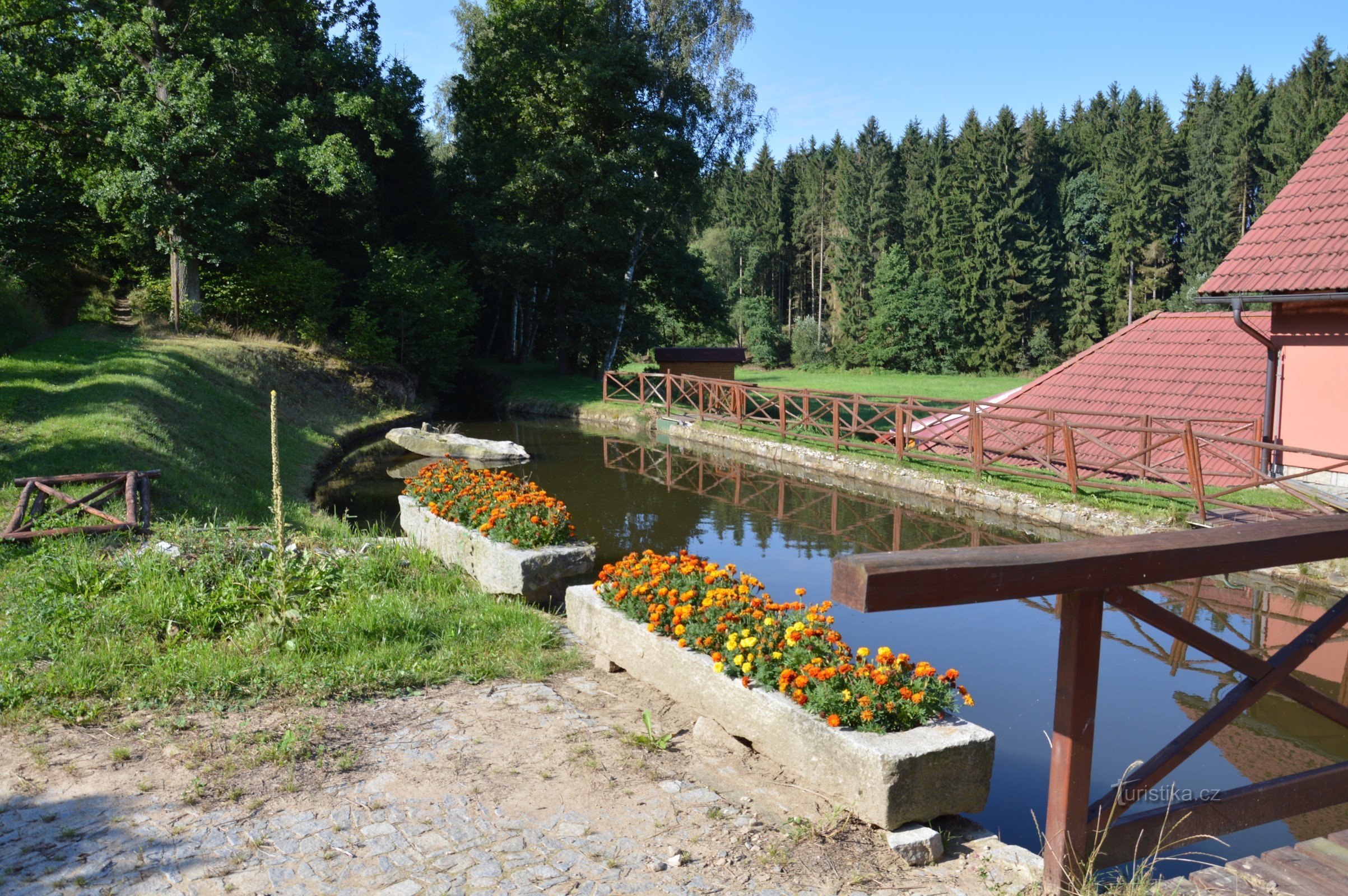 a small pond with a drive above the guesthouse