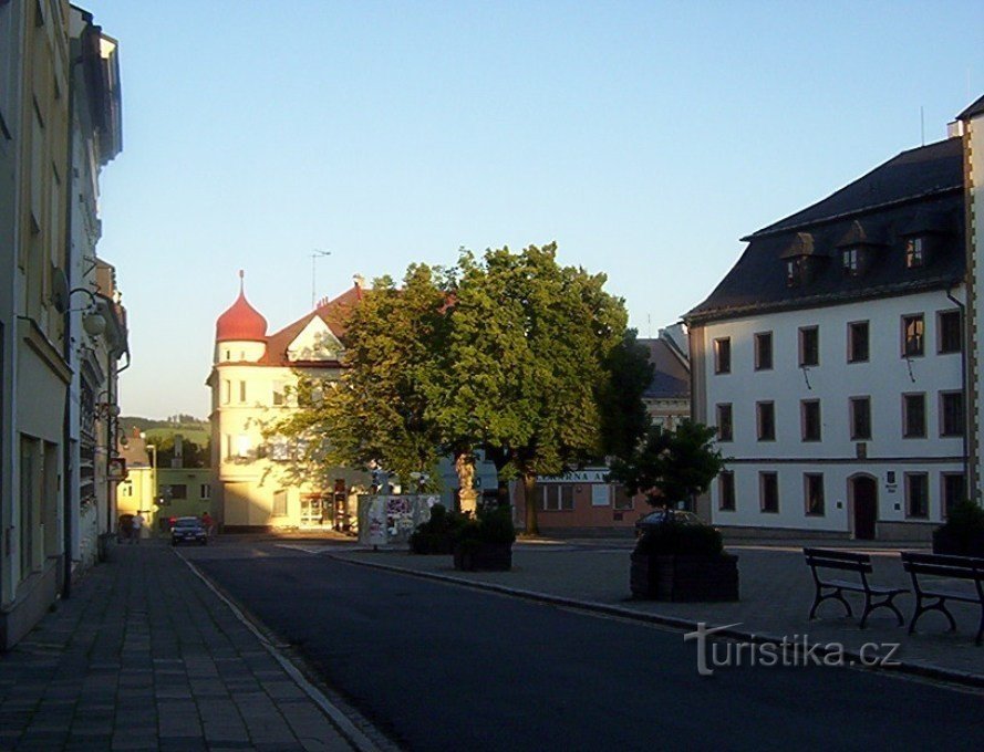 Rýmařova-náměstí Miru met het stadhuis en het standbeeld van St. Jan van Nepomuck - Foto: Ulrych Mir.