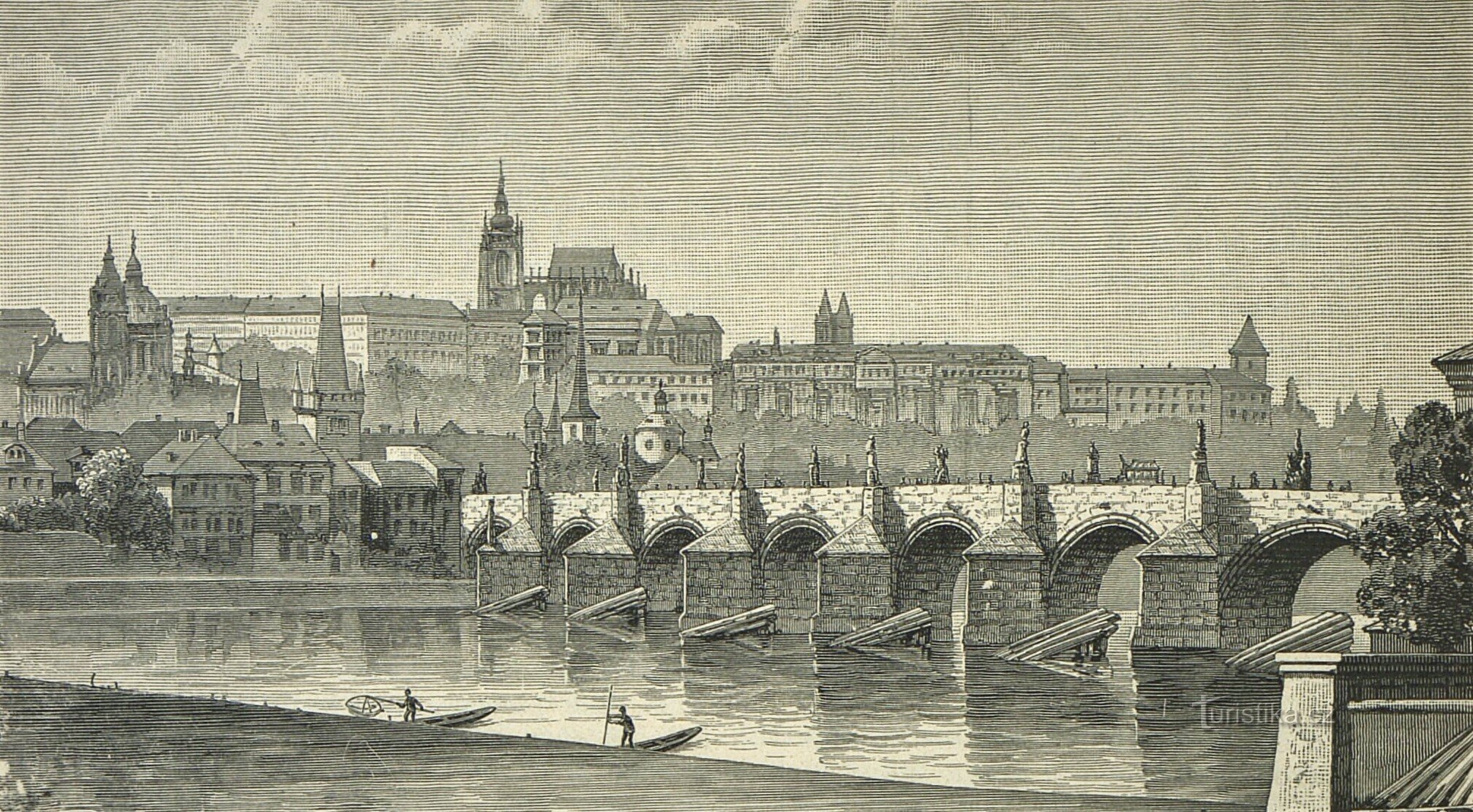 Gravura Karlovega mostu v Pragi s preloma 19. in 20. stoletja