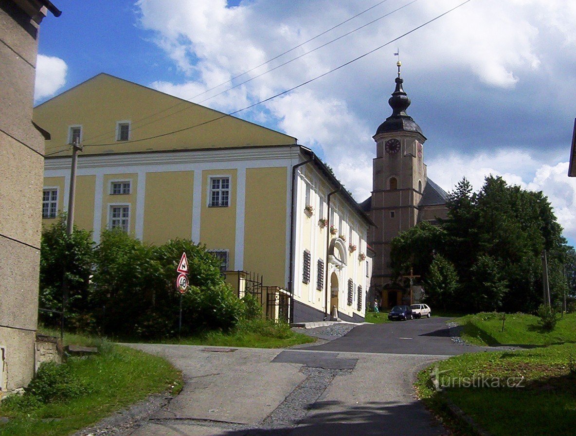 La casa de Rýžoviste-Laffayet y la iglesia de San Juan Bautista-Foto: Ulrych Mir.