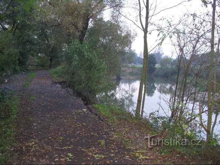 Sesouvání chodníku na hrázi Velkého Budního