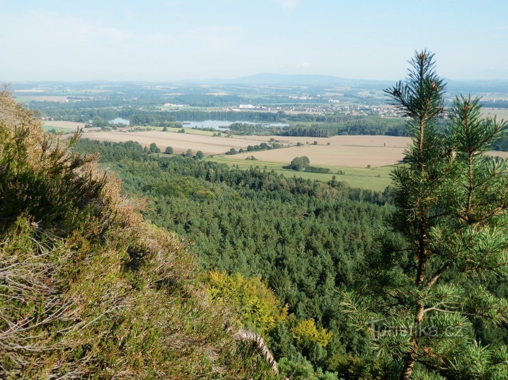 Severní pohled na rybník Žabakor a obec Doubravu