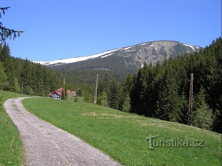 större omgivningar av stugan: i bakgrunden Studniční hora 1554m över havet