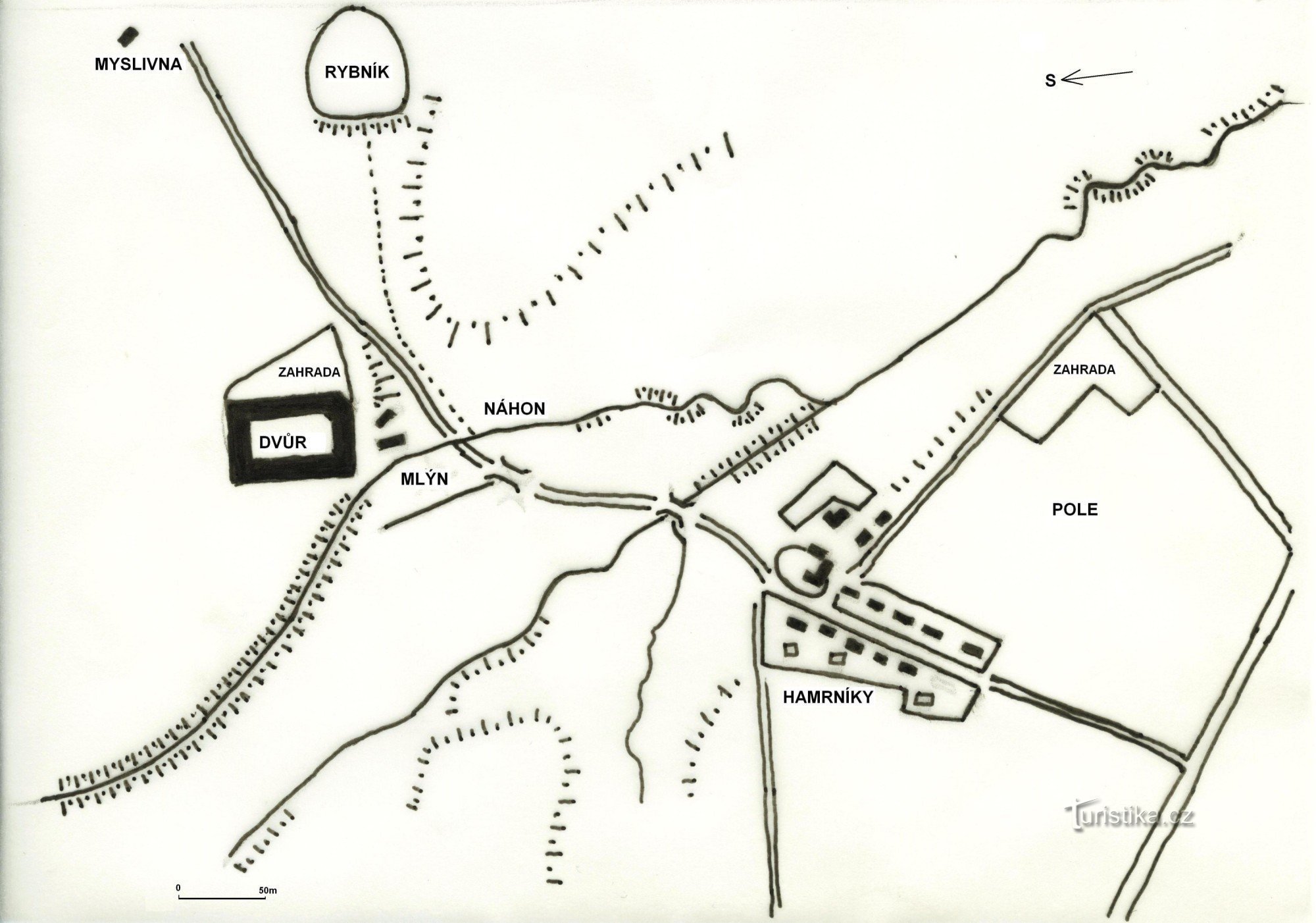 situational sketch of a manor house with farm yard and villages in the 30s and 40s