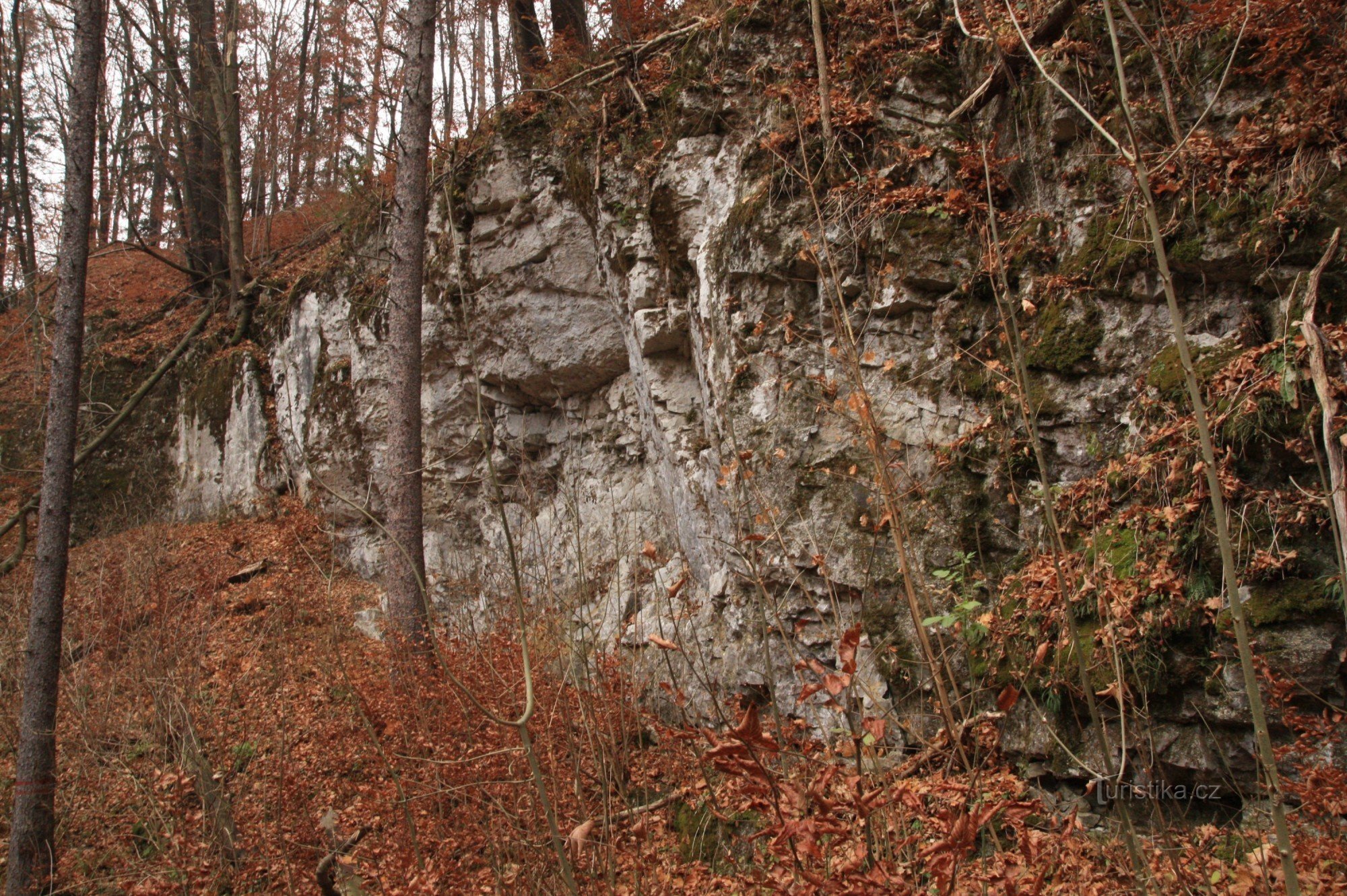 Felsen in Vaječník, im oberen Teil der Eingang zur Höhle in Vaječník