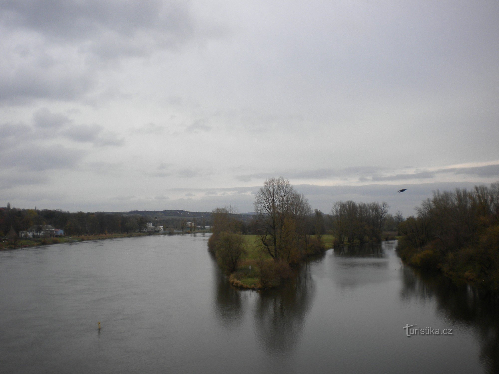 Der Zusammenfluss von Elbe (links) und Ohře aus Tyršova most in Litoměřice.