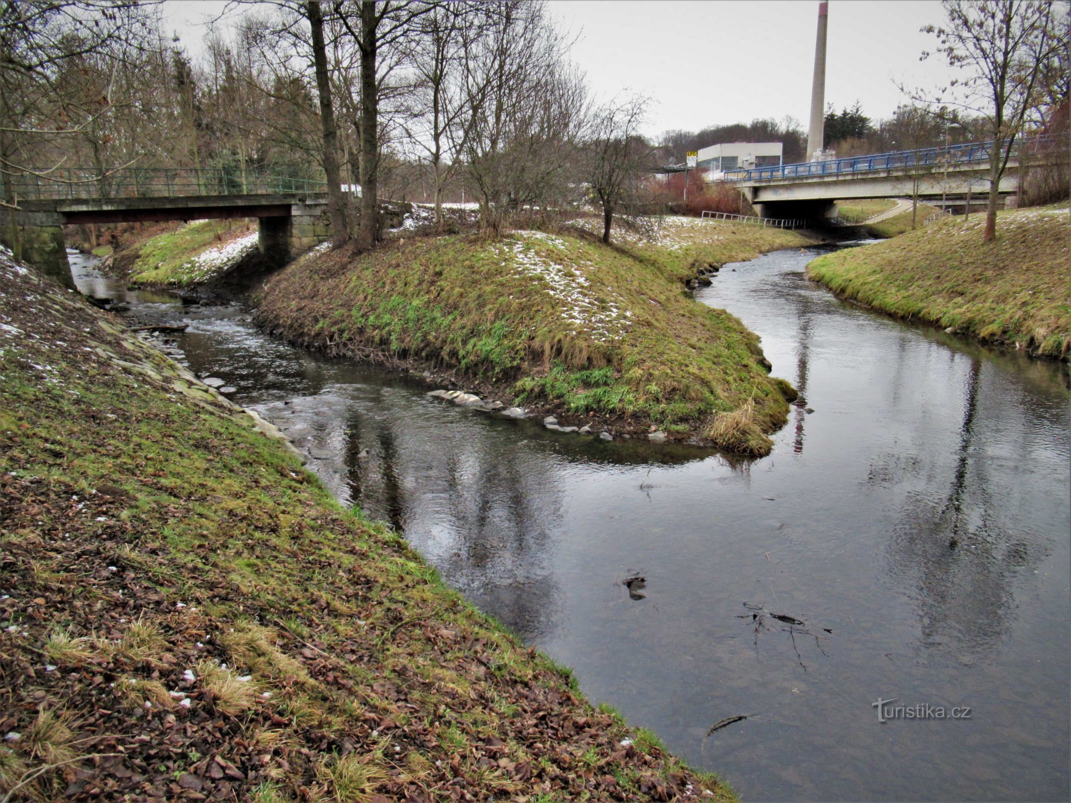 Confluence of Svitava and Křetínka, Svitava flows from the right, Křetínka from the left