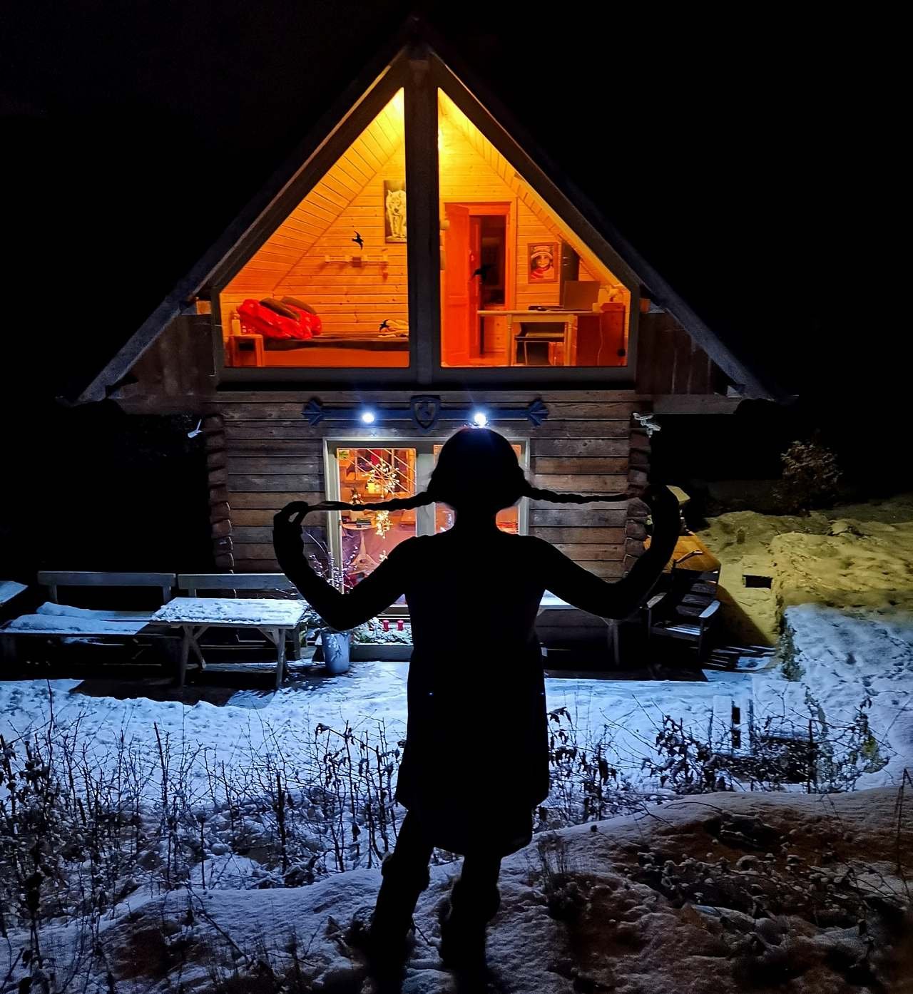 Cabana din busteni sub un tei, fotografie de noapte