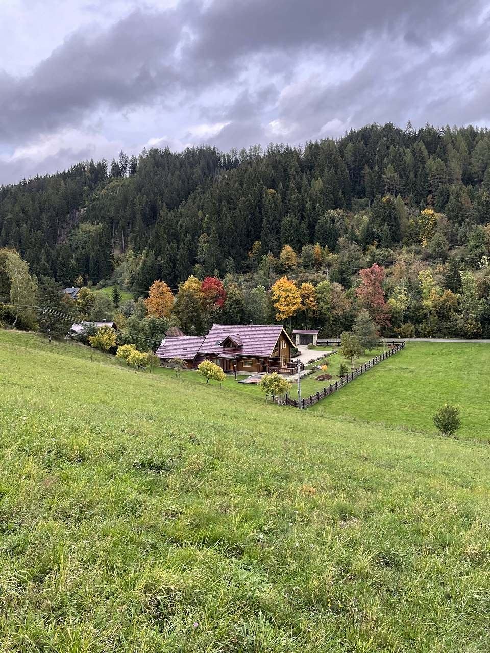 cabane en rondins avec piscine-automne