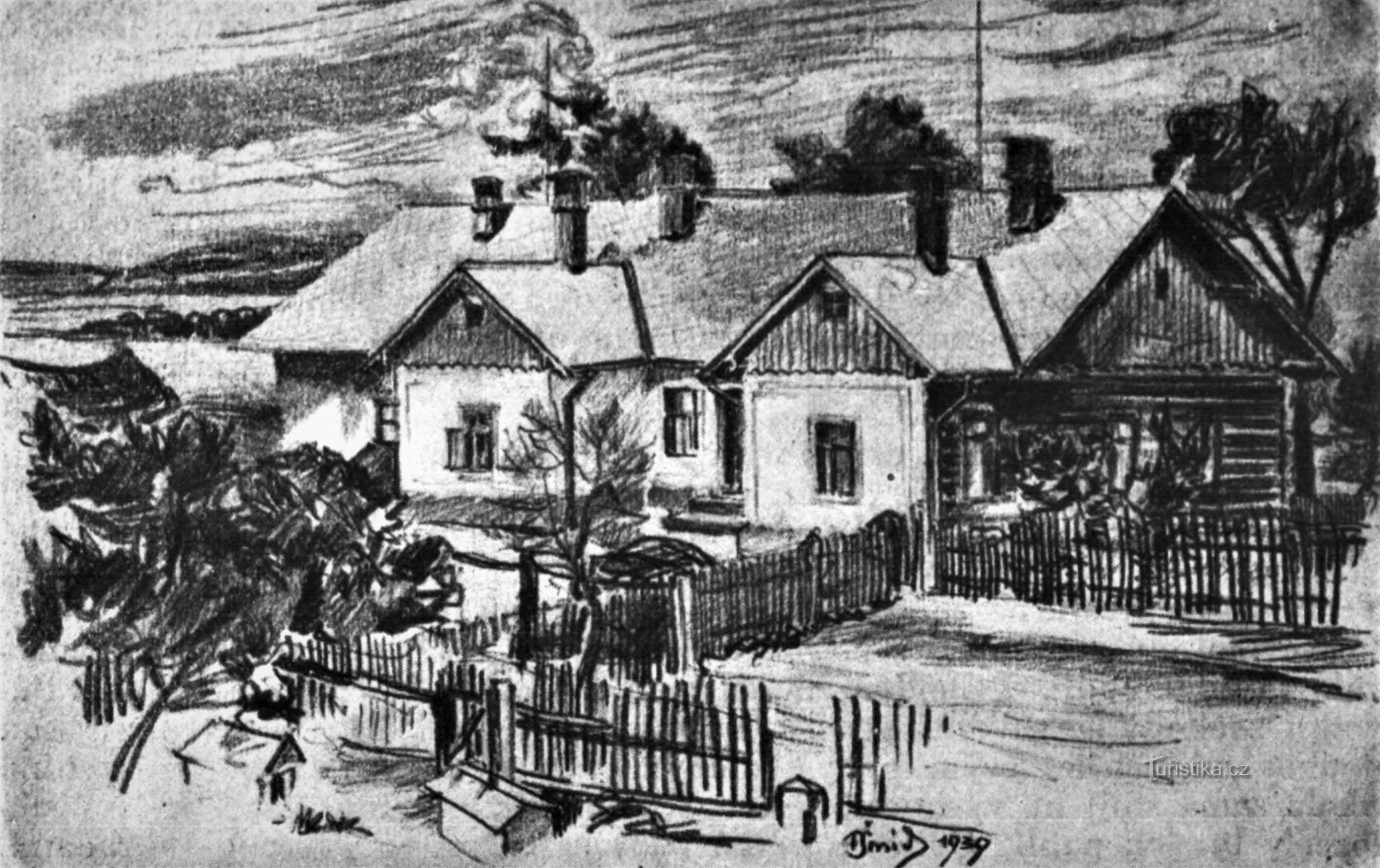 De oude school in Malšov Lhota in een tekening van František Šmíd, een plaatselijke leraar (1939)