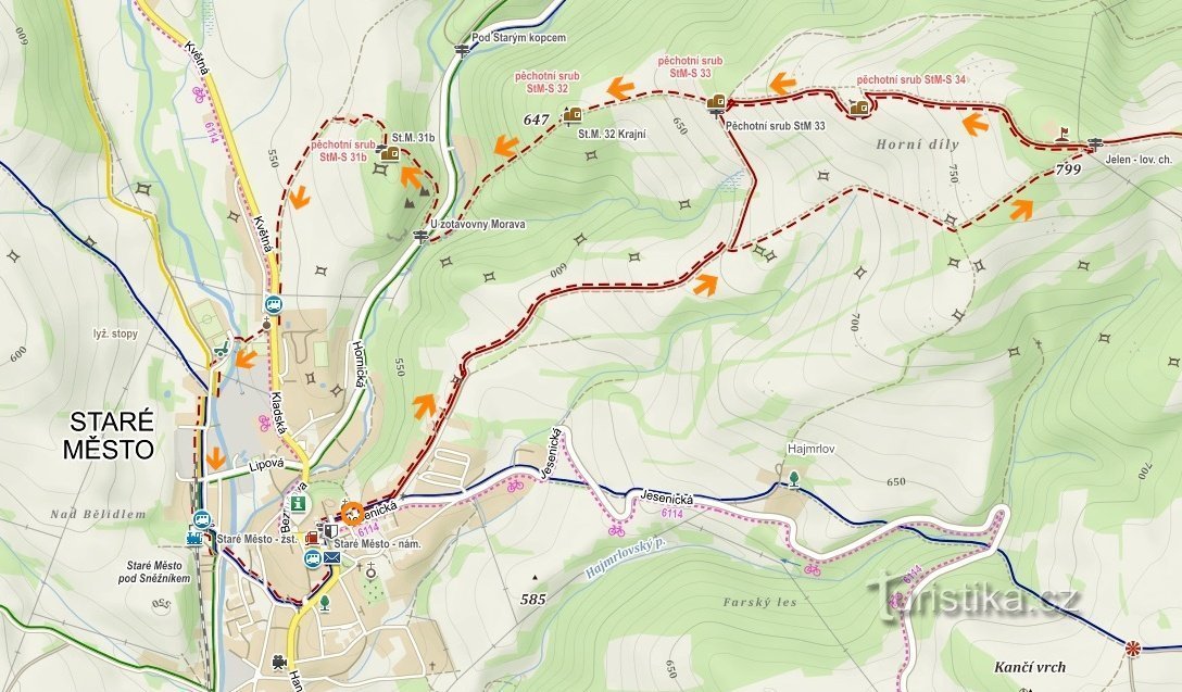 Područje tvrđave Stari grad: karta pješačkih staza (izvor: mapy.cz)