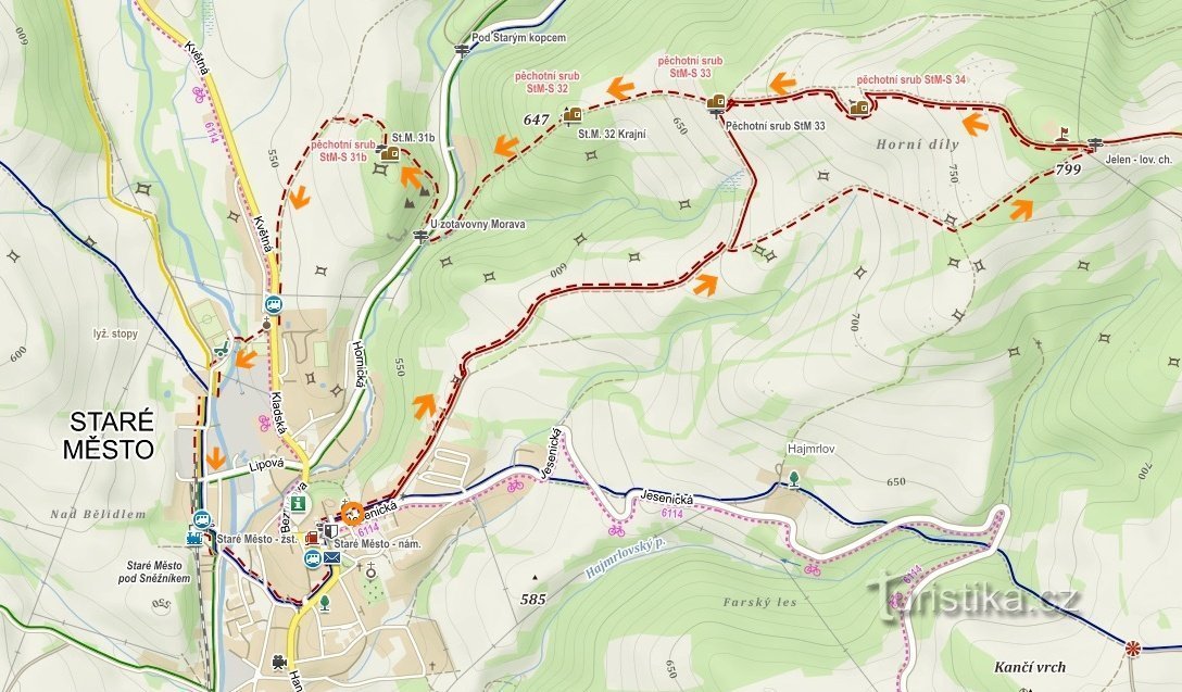 Območje trdnjave starega mesta: zemljevid poti za pešce (vir: mapy.cz)