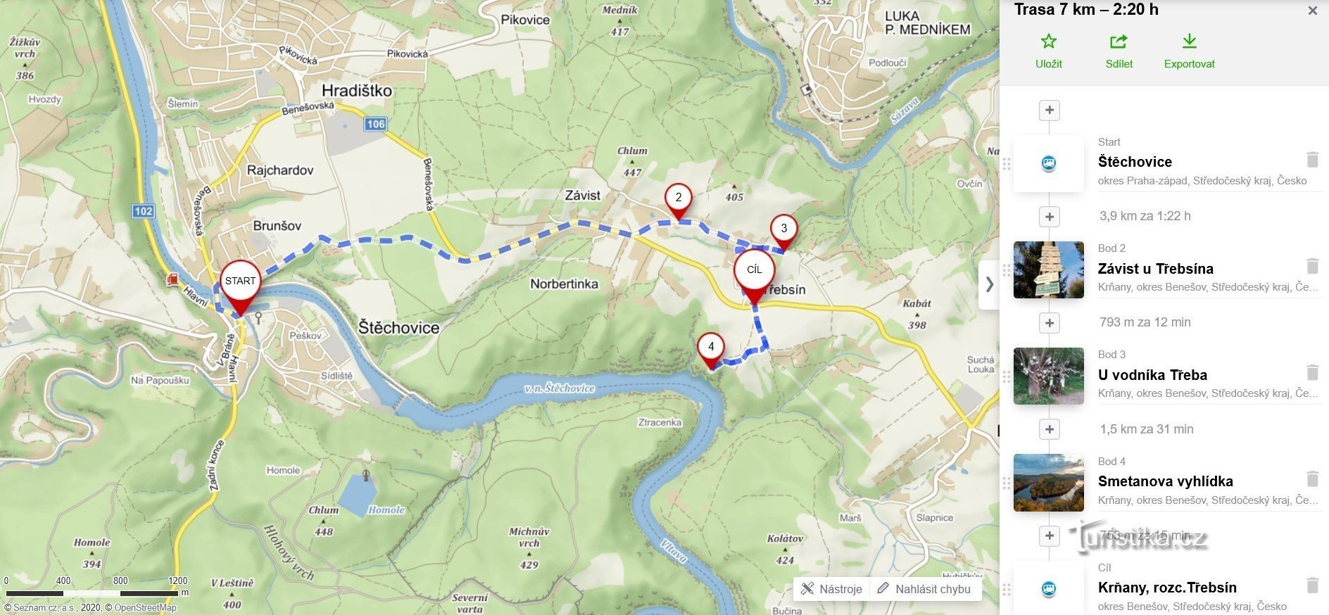 Štěchovice, Závist, Třebsín, turnul-clopotniță, omul de apă, turnul-clopotniță, punctul de vedere al Smetanei.