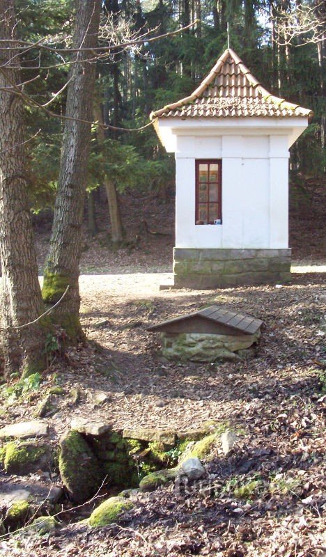 Un pozo con una capilla