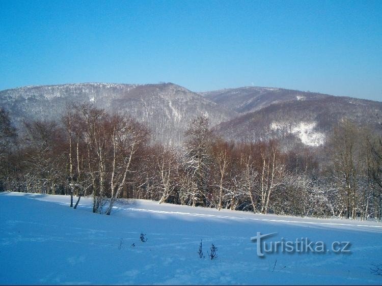 Šumný důl: Blick von Rašov über das Tal auf die gegenüberliegenden Hänge