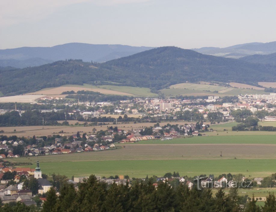 Šumperk from Malín, Chocholík on the left, Haj on the right, Hanušovická vrchovina in the background