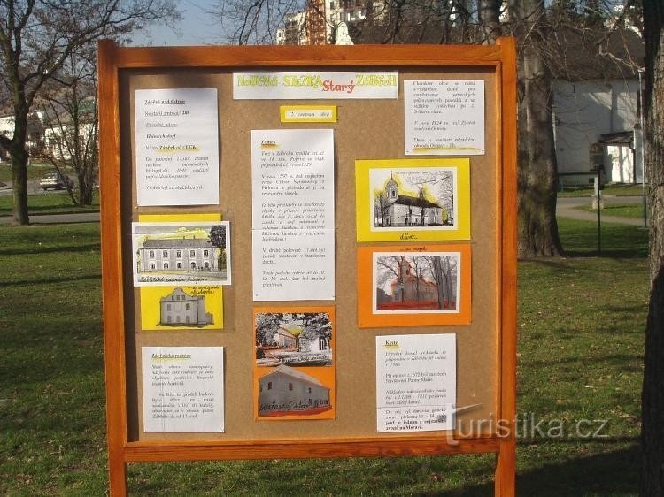 Trail sign, station no. 13, castle and church