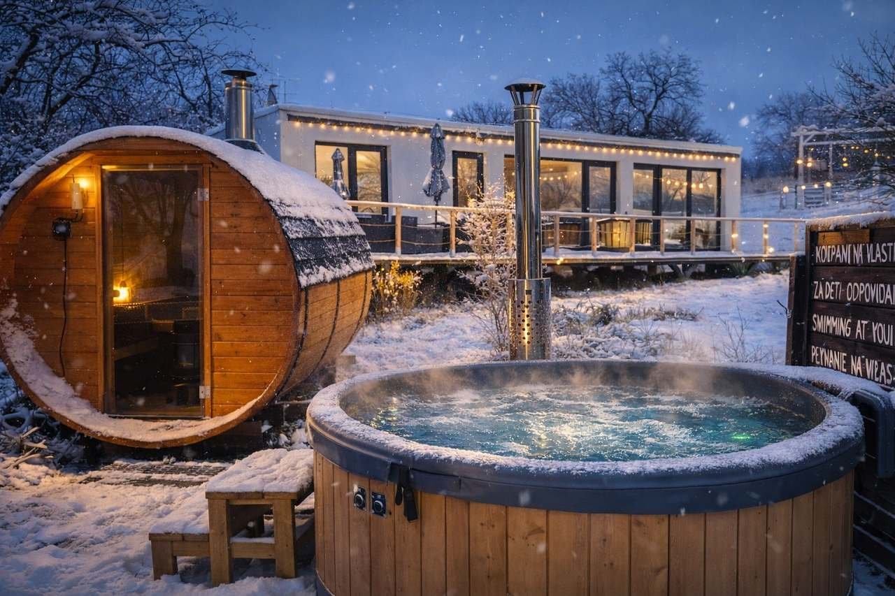 Tiny House Black Swallow s koupacím sudem a saunou