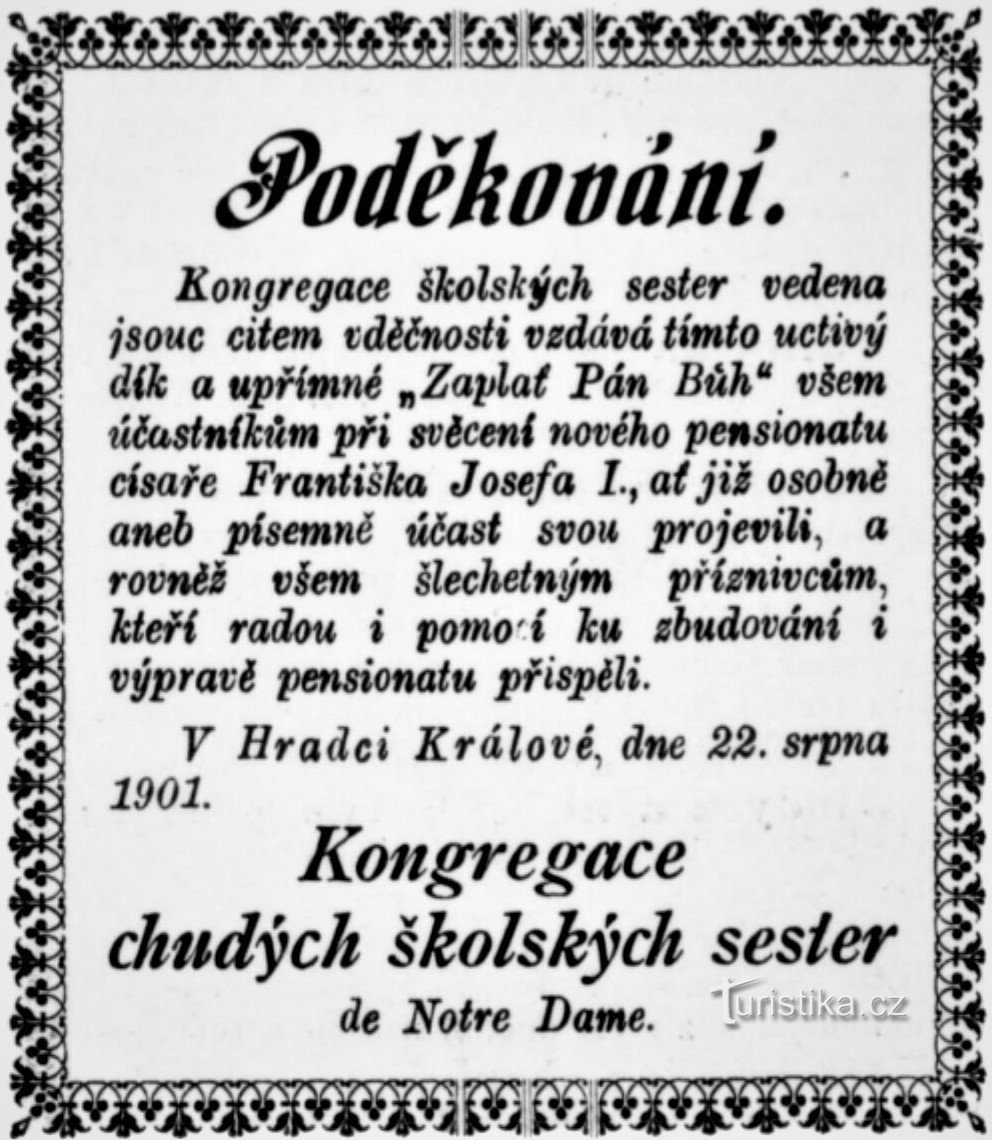 Paina kiitos osallistumisestasi Králové Hradekin täysihoitolan (1901) seremonialliseen vihkimiseen