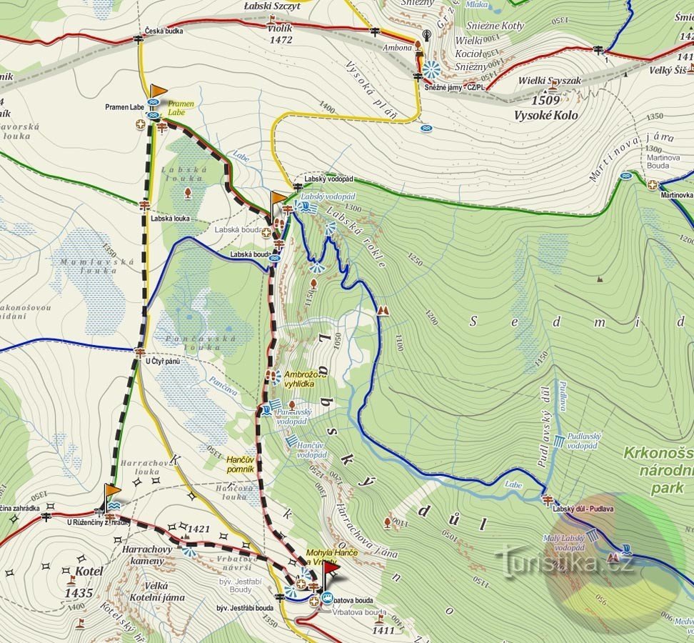 Trasa. zagrają Vrbatova bouda, Labská bouda, Pramen Labe, U Čtyř pánů, U Růženčina