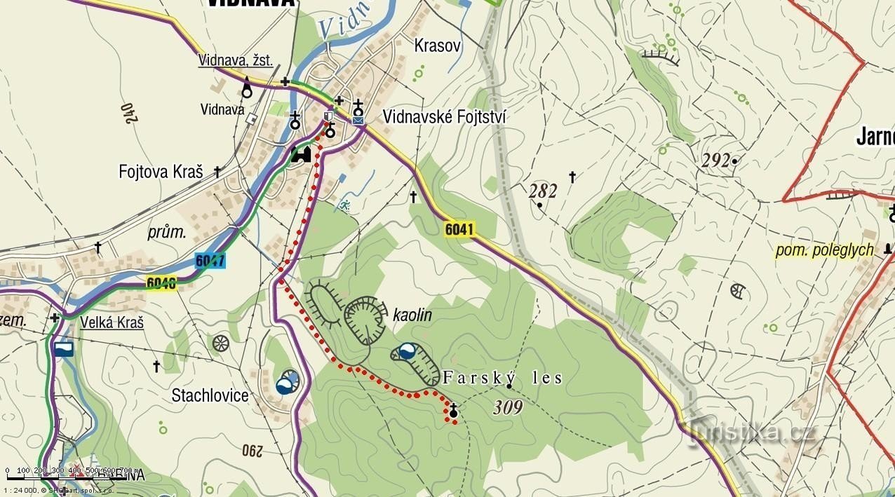 De route van Vidnava naar het graf boven de kaoliengroeve