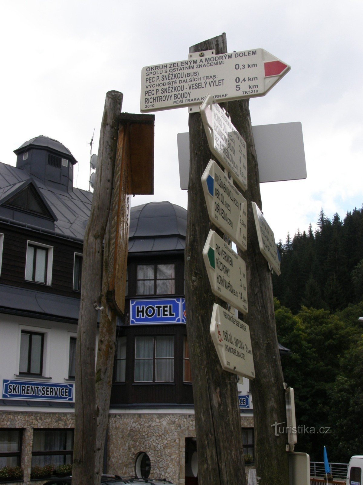 tourist junction Pec pod Sněžkou - the main signpost near the Corso hotel