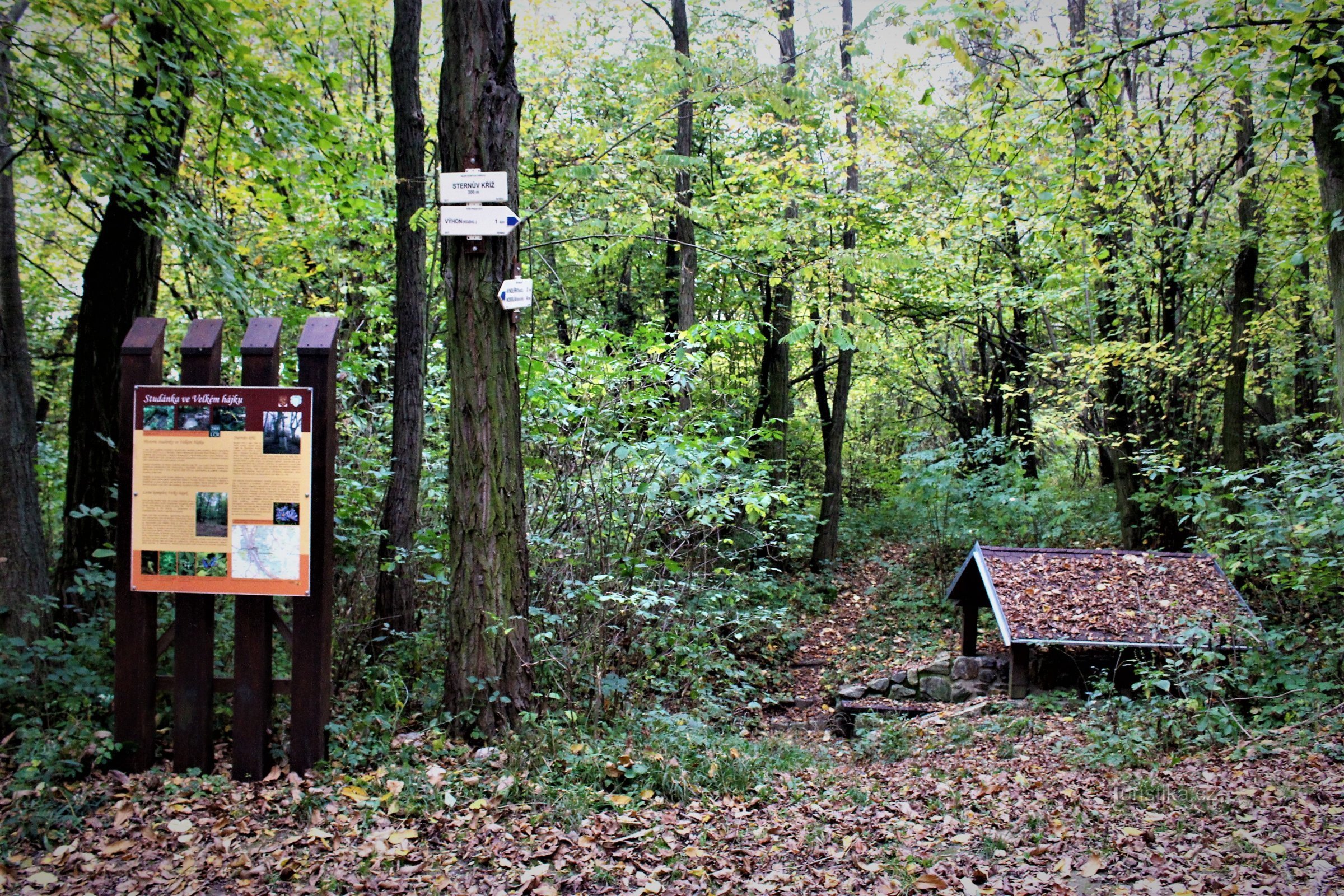 Touristenkreuzung Sternův kříž, dahinter der Brunnen Ve Velké hájku