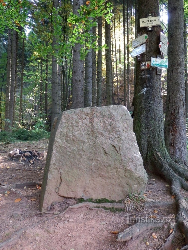 Tourist signpost with modified stone