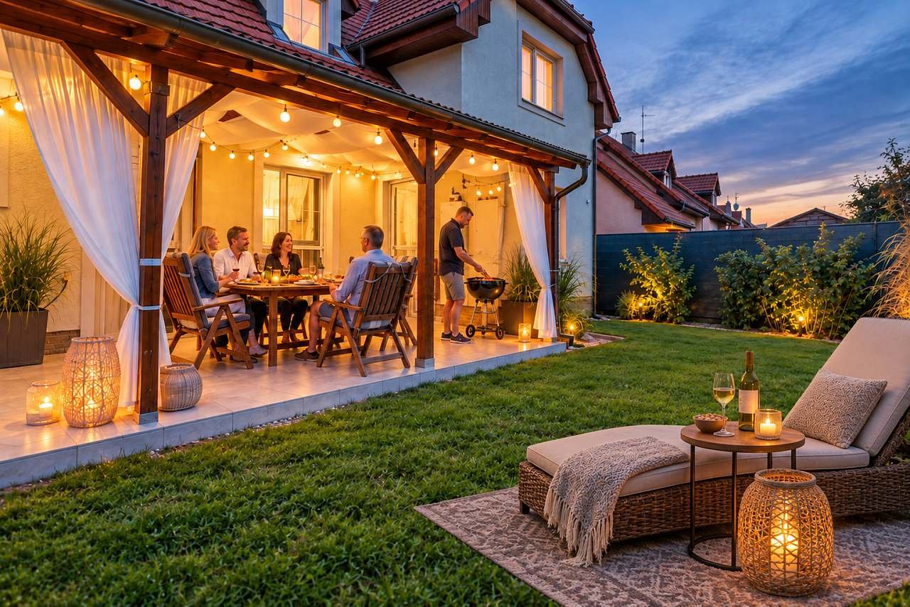 Večerní posezení na zastřešené terase, při skleničce vína / burčáku