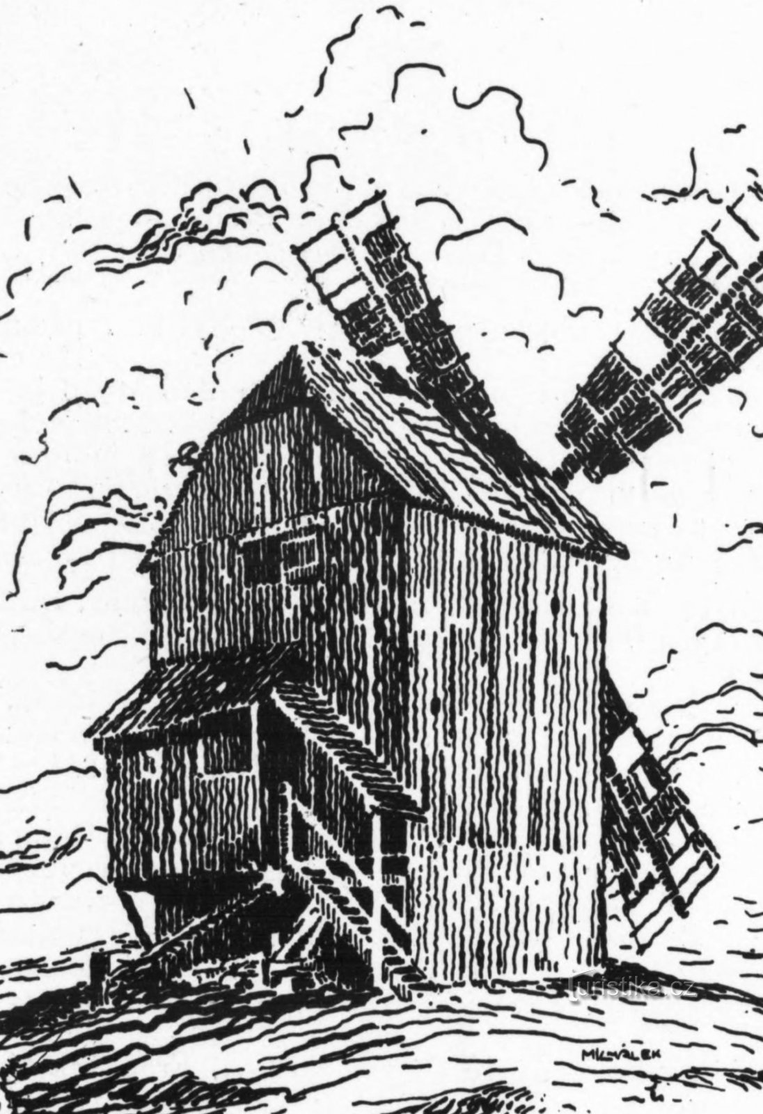 Väderkvarn i Librantice på teckning av F. Michálek