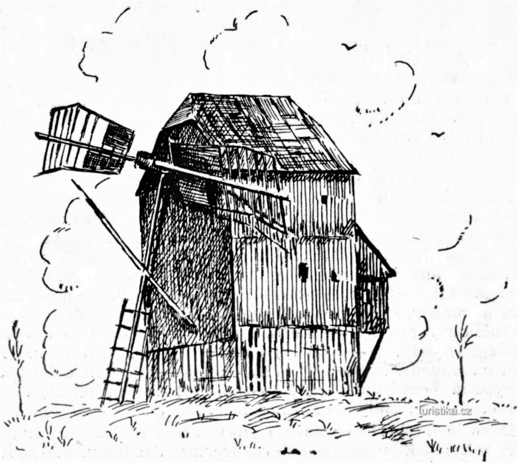 Větrný mlýn v Libranticích na kresbě J. Kroutila