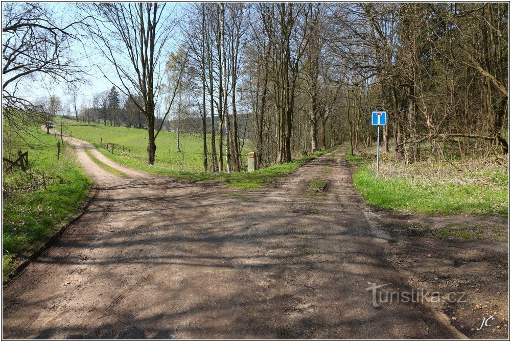 Cykelväg till vänster, blå vandringsled rakt fram