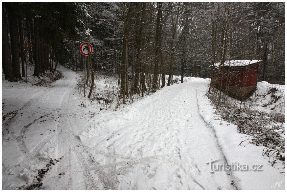 Gemarkeerde route links, treinstation rechts