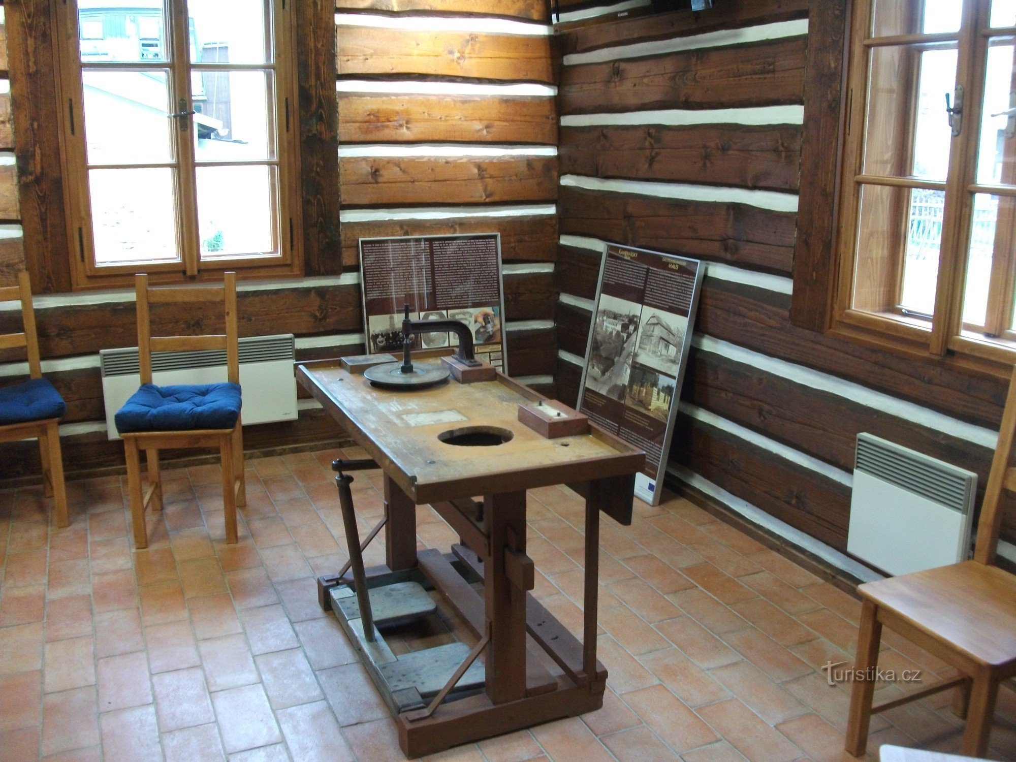 The interior of the Stone House also contains a workbench with machining tools